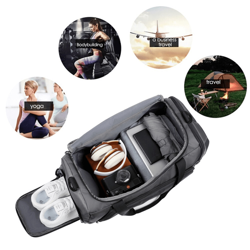 Spacious sports waterproof portable bag with shoe compartment, ideal for yoga, bodybuilding, travel, and business trips.